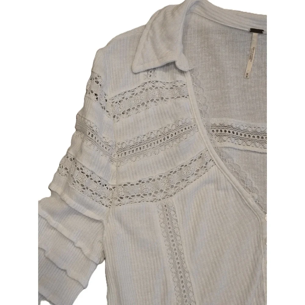 Free People White Lace Detail Collared Knit Cropped Cardigan Shirt M